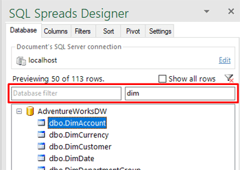 Database and table search box in the SQL Spreads Designer