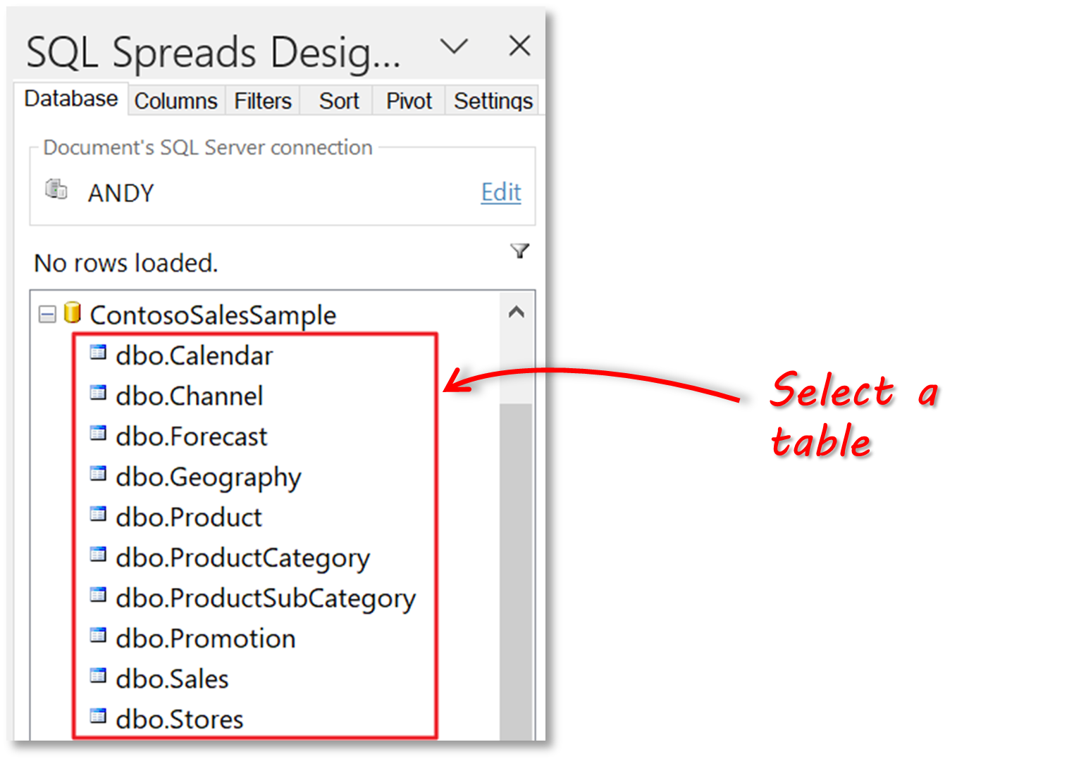 SQL Spreads Select a Table