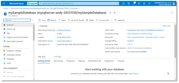 The Azure SQL database page