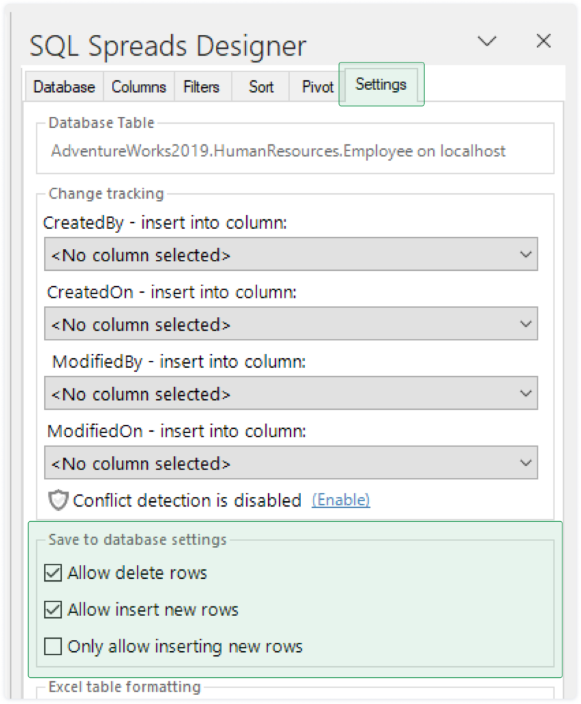 Save to database settings in the Designer to control deletion of data by end users