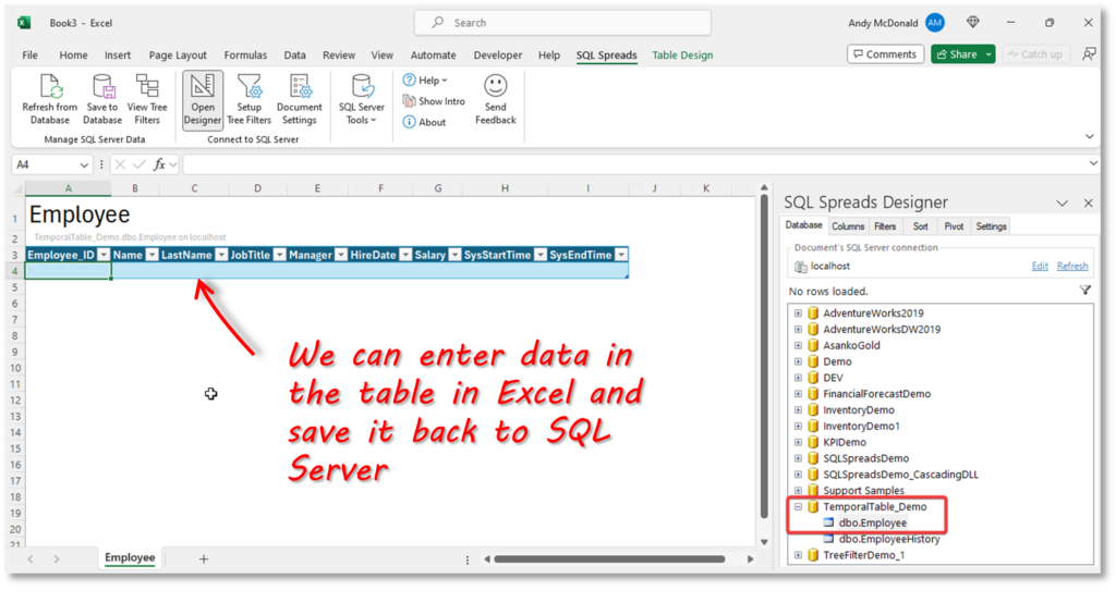 Connect to Employee table in SQL Server usiing SQL Spreads
