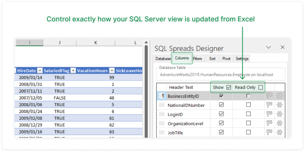 Control your update of existing data in SQL Server with these Designer settings of Show and Read-Only.