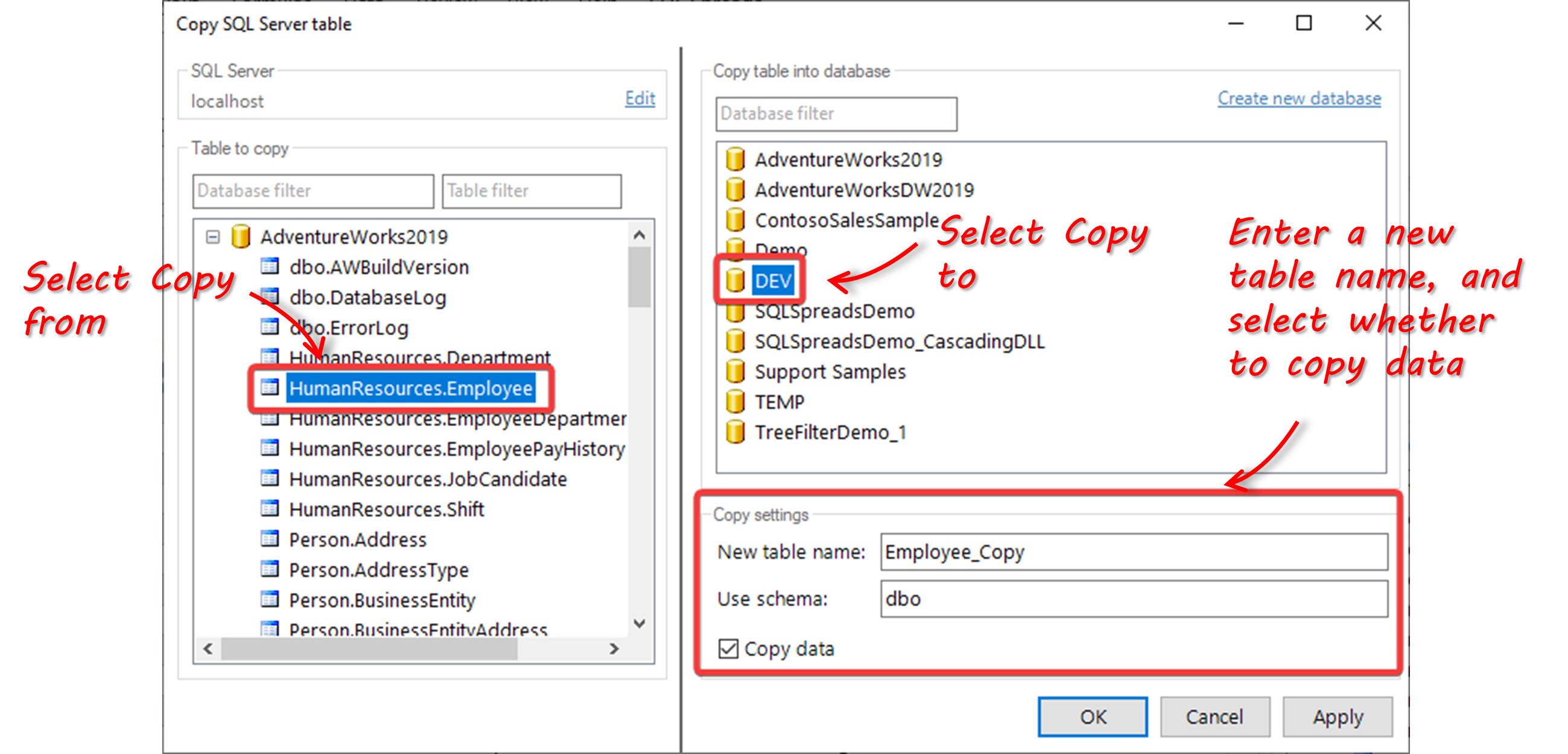 Copy Table - Copy Table Dialog Annotated