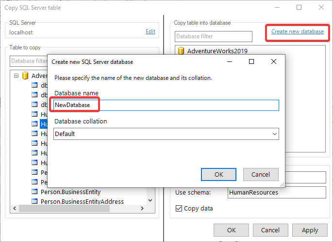 Copy Table Create New Database