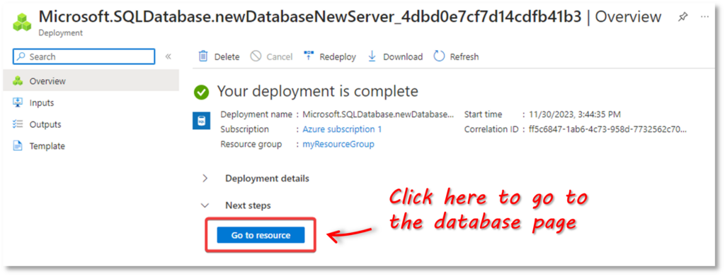 Deployment complete message on the Create SQL database page