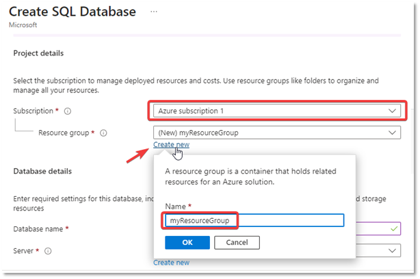 Project details on the Create SQL database page