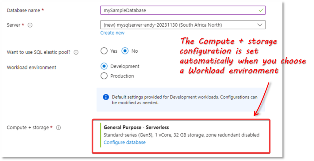 Setting the workload environment option on the Create SQL database page