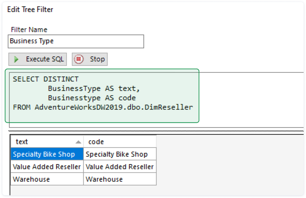 Adjust the SQL query to in the Edit Tree Filter dialog to setup your Tree Filter