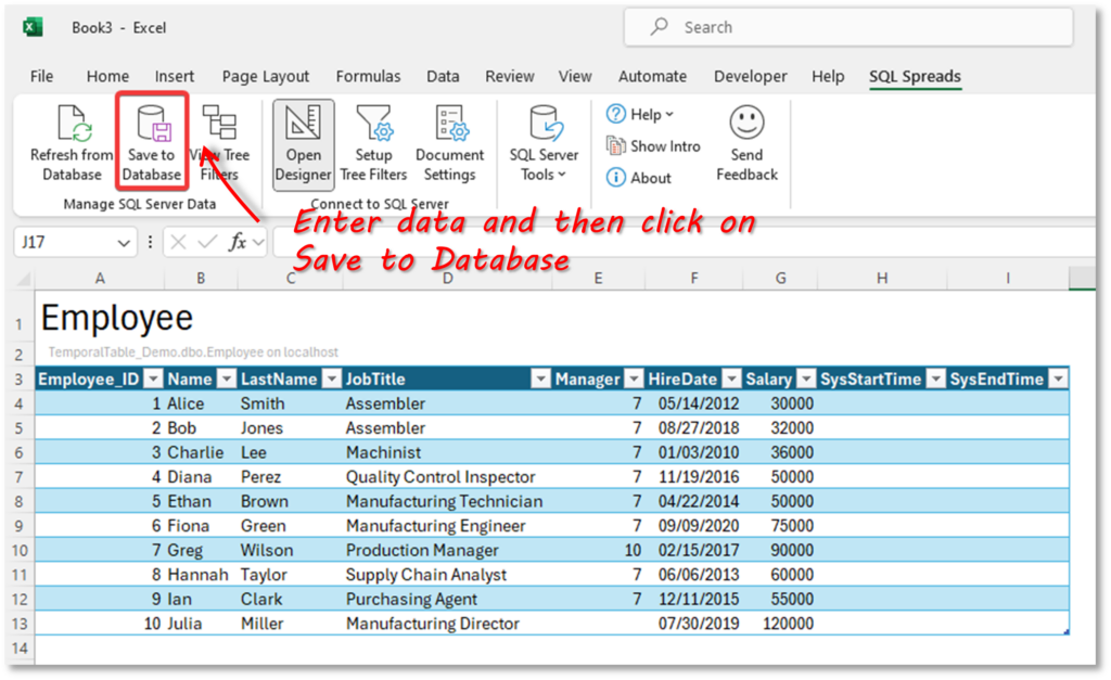 Enter data in Excel and save to SQL