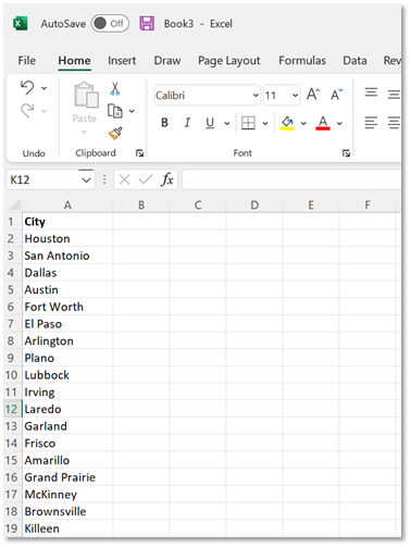 Excel list of cities