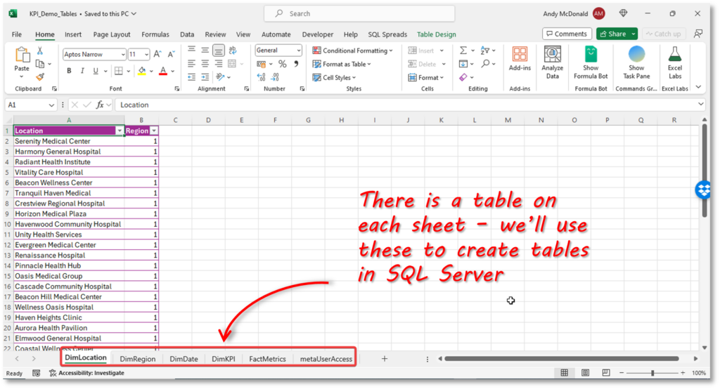 Excel workbook showing a number of tables to be created in SQL Server using SQL Spreads