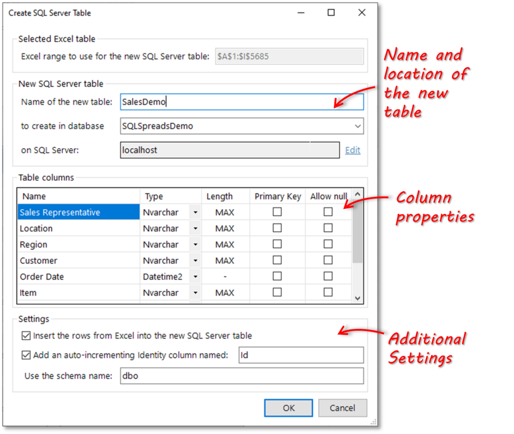 SQL Spreads New table from Excel dialog