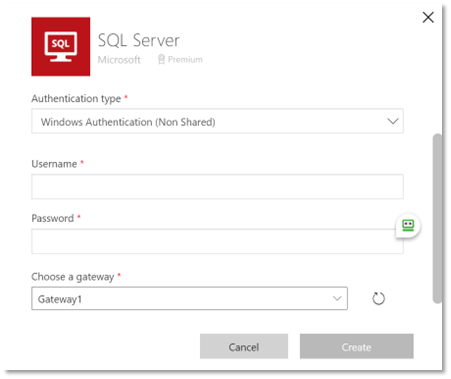Power Apps SQL Windows Authentication (non-shared) dialog