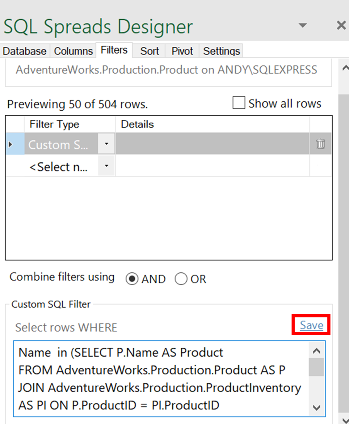 Quote example custom filter query