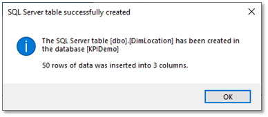 Dialog showing the SQL Server table was created successfully
