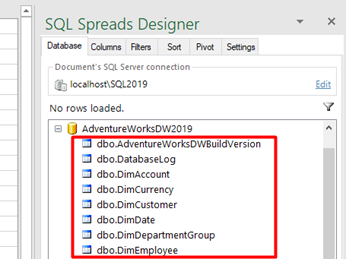 SQL Spreads Designer AW Table list