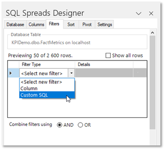 SQL Spreads Designer Custom Filter for column
