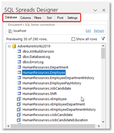 SQL Spreads Designer pane