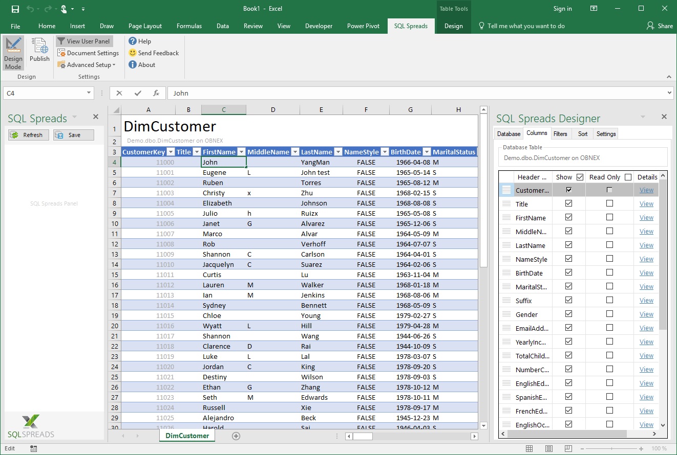 SQL-Spreads Excel Add-In full Excel window