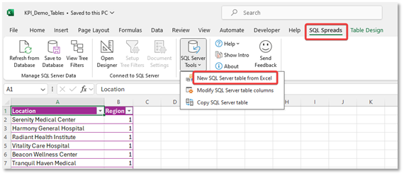 How to create a new SQL Server table from Excel using SQL Spreads