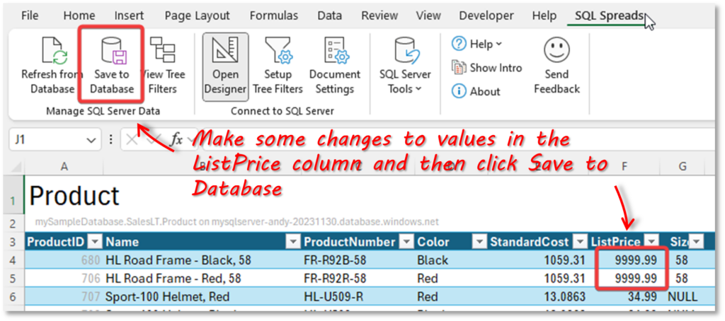 Making changes to data in Excel and saving to database using SQL Spreads