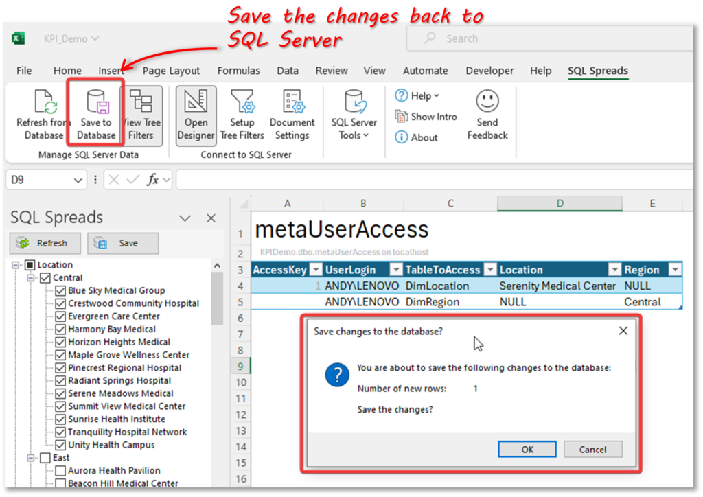 SQL Spreads save metaUserAccess data changes to SQL Server