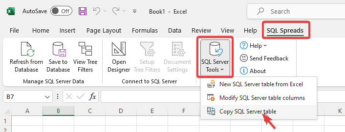 SQL Spreads Menu Copy Table Menu