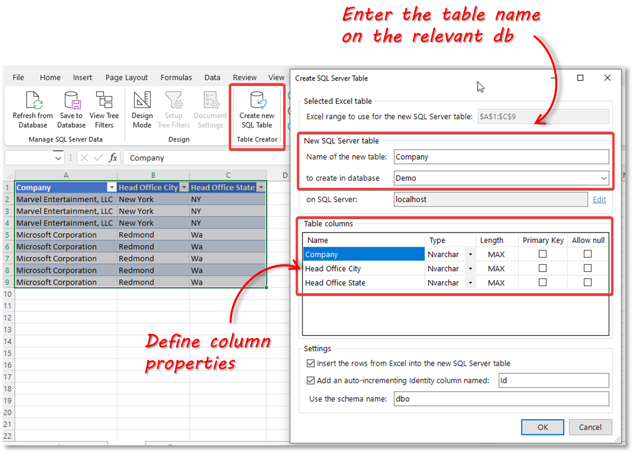 SQL Spreads Create SQL Table