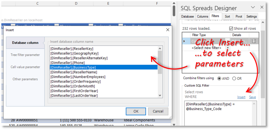 Tree Filters in Excel to View SQL Data