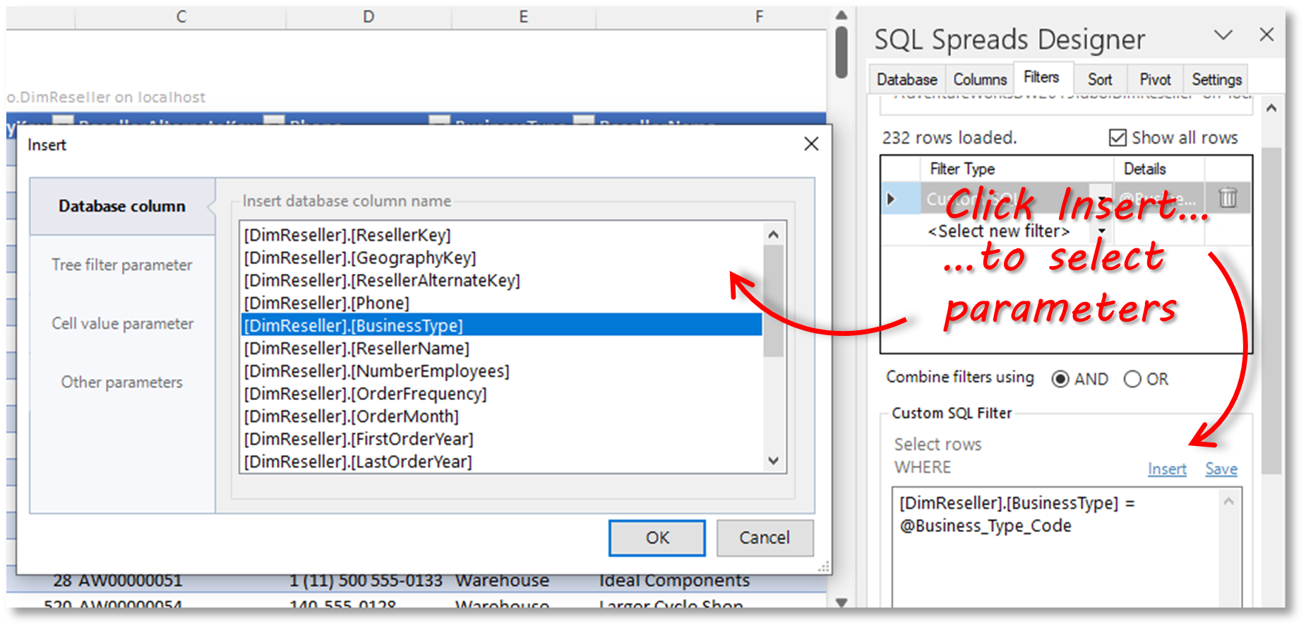 SQL Spreads Designer Custom Filter Insert Parameters