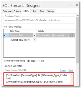 SQL Spreads Designer Custom Filter Multi-Select