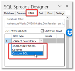 SQL Spreads Designer Custom Filter Select