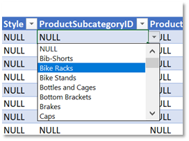 SQL Spreads Lookup Value ProductSubcategory Example