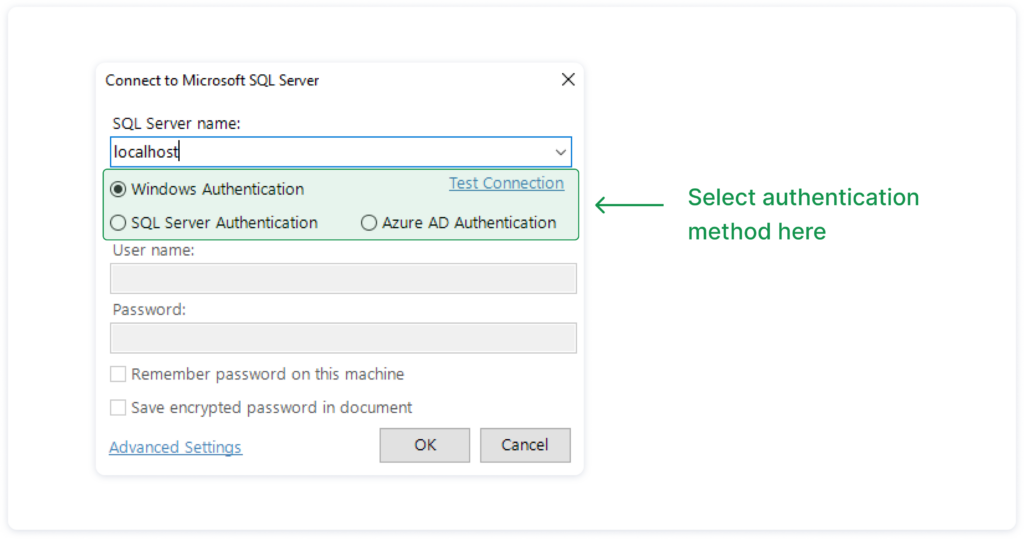 Select one of three authentication options to configure connection to SQL Server to import data from Excel