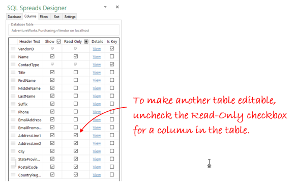 Make SQL Server column read only in Excel