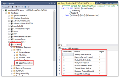 Test query in SSMS showing table and data has been successfully created in SQL Server from SQL Spreads