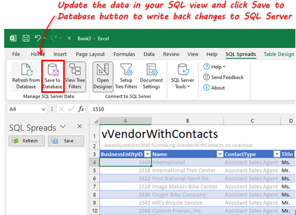 Update View data and click Save to Database to write changes back to SQL Server