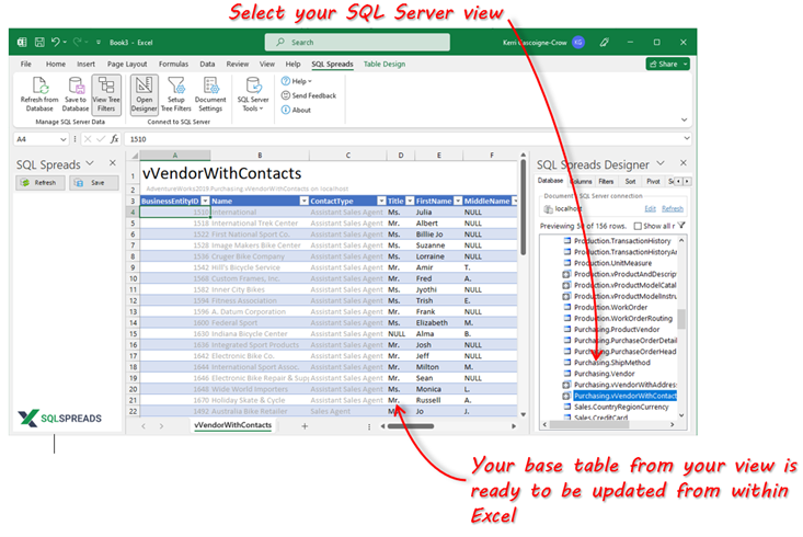 Select your View from SQL Server to update