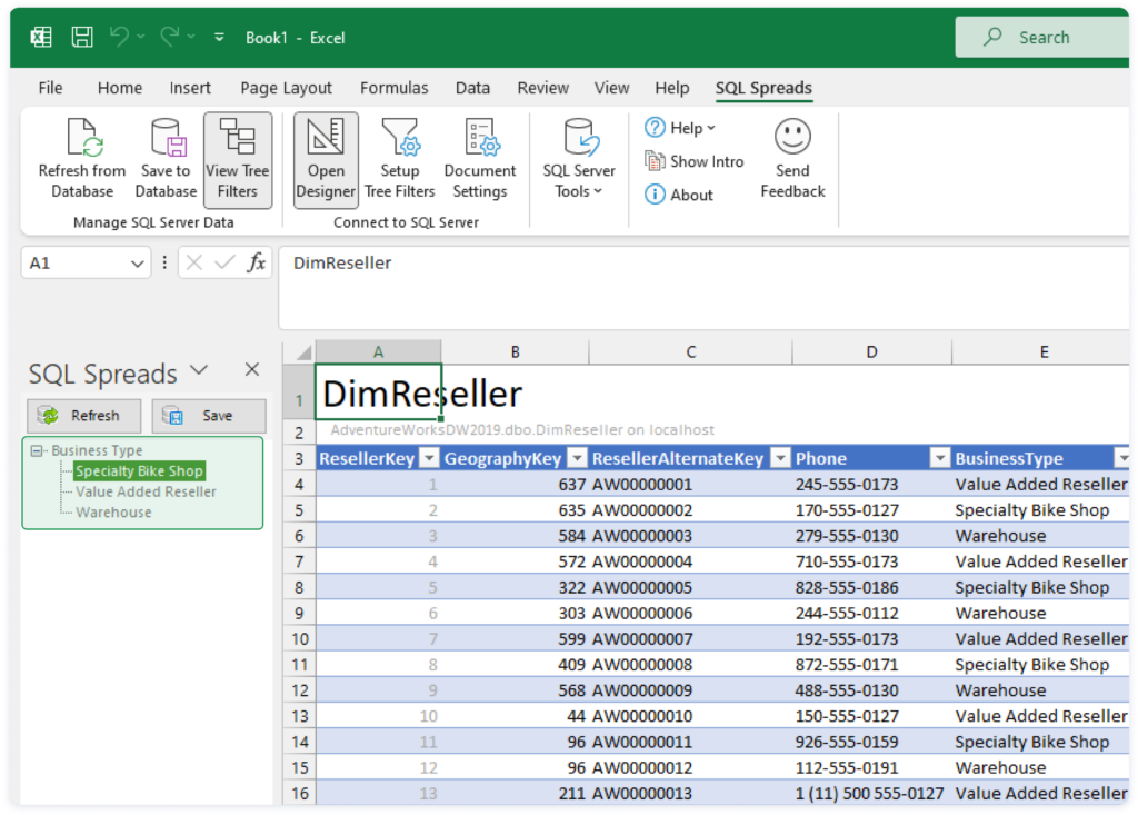 Viewing DimReseller Tree Filters that have been setup in SQL Spreads
