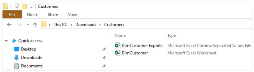 Windows Explorer view of CSV and Excel File Formats