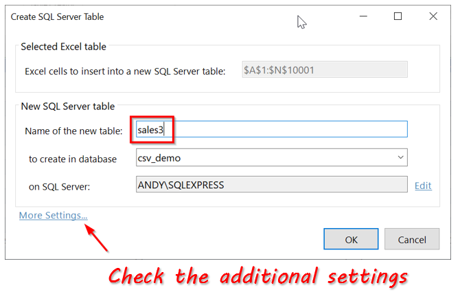 Excel - Create SQL Server Table