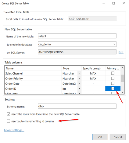 Excel - Create SQL Server Table More Settings