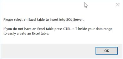 Excel - Select Table Warning Message